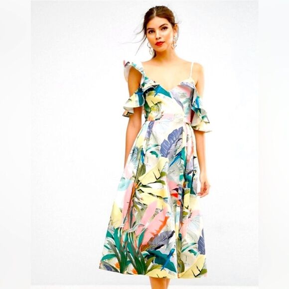 ASOS Off-the-Shoulder Tropical Midi Dress Pink Green Size 0 - Picture 1 of 7